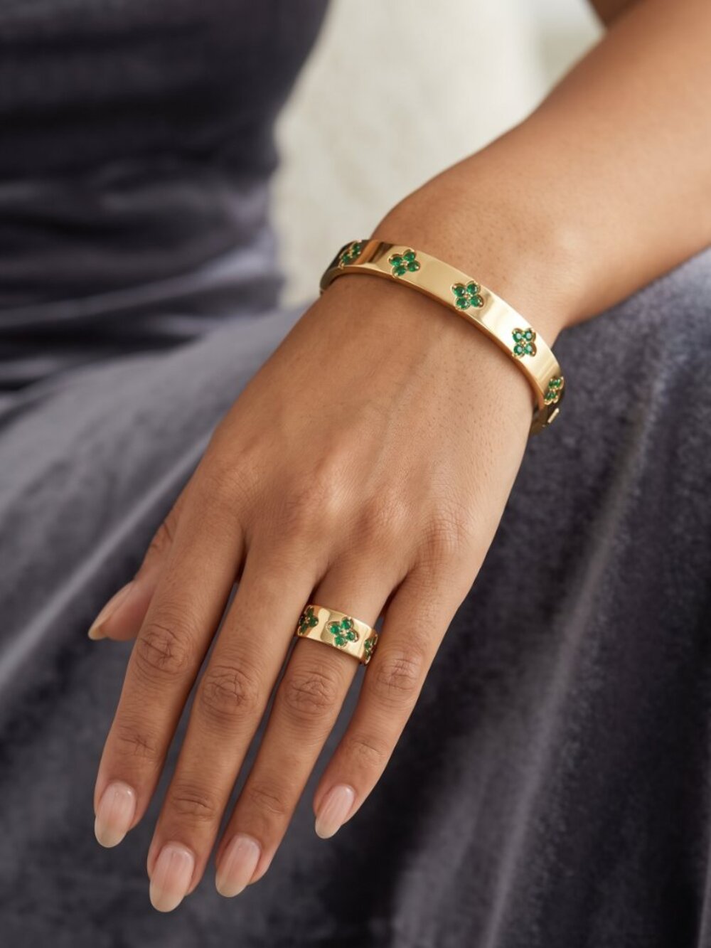 Gold Tone Bracelet and Ring Set with Green Stone Flower Accents